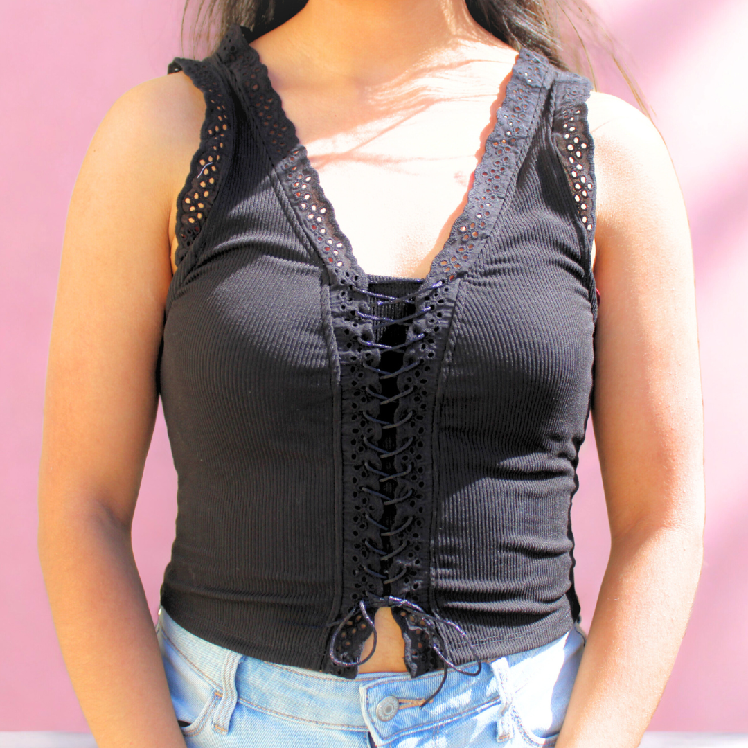 Lace-trim ribbed tank top