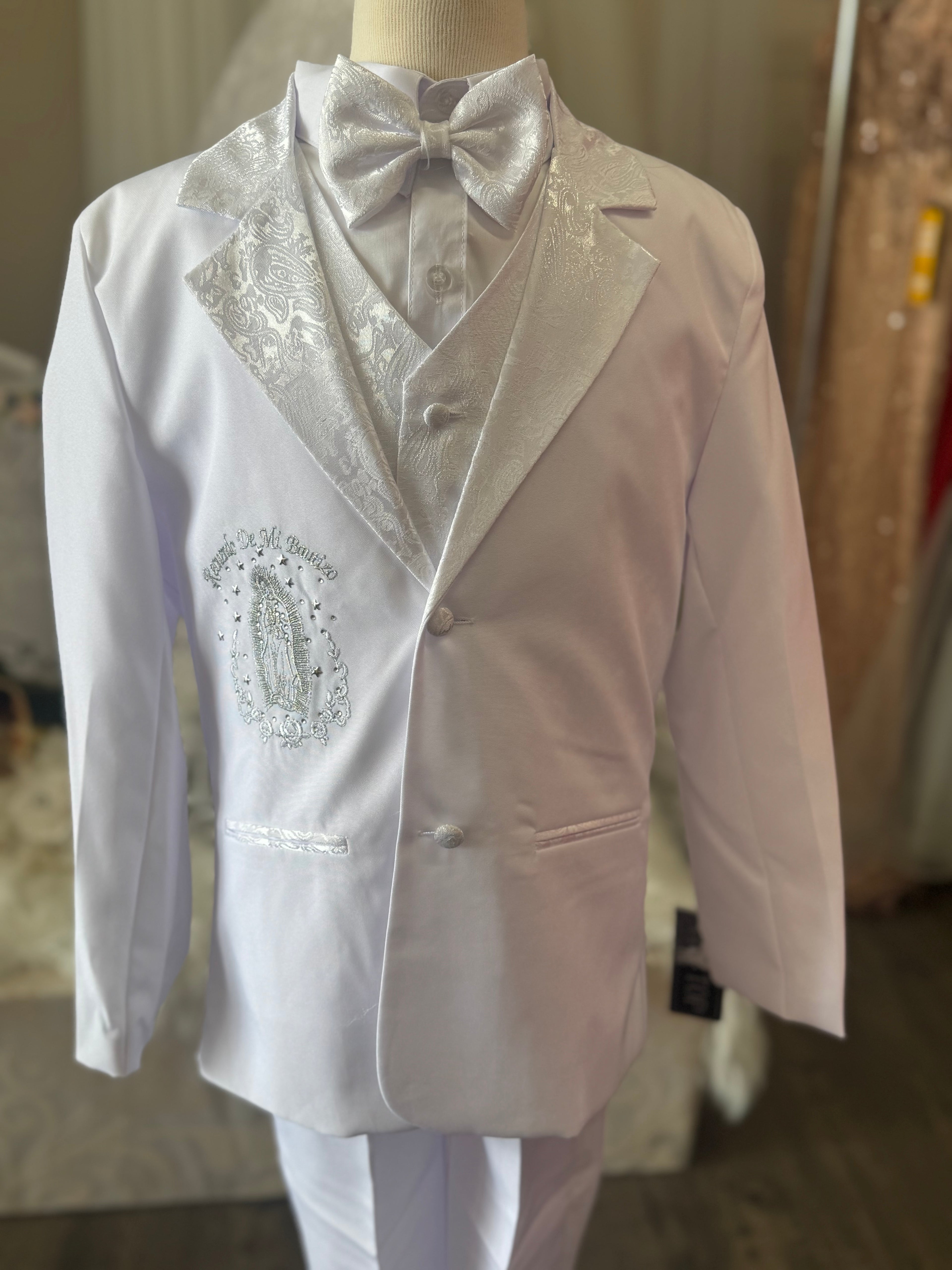Virgin Mary embroidered boys baptism suit