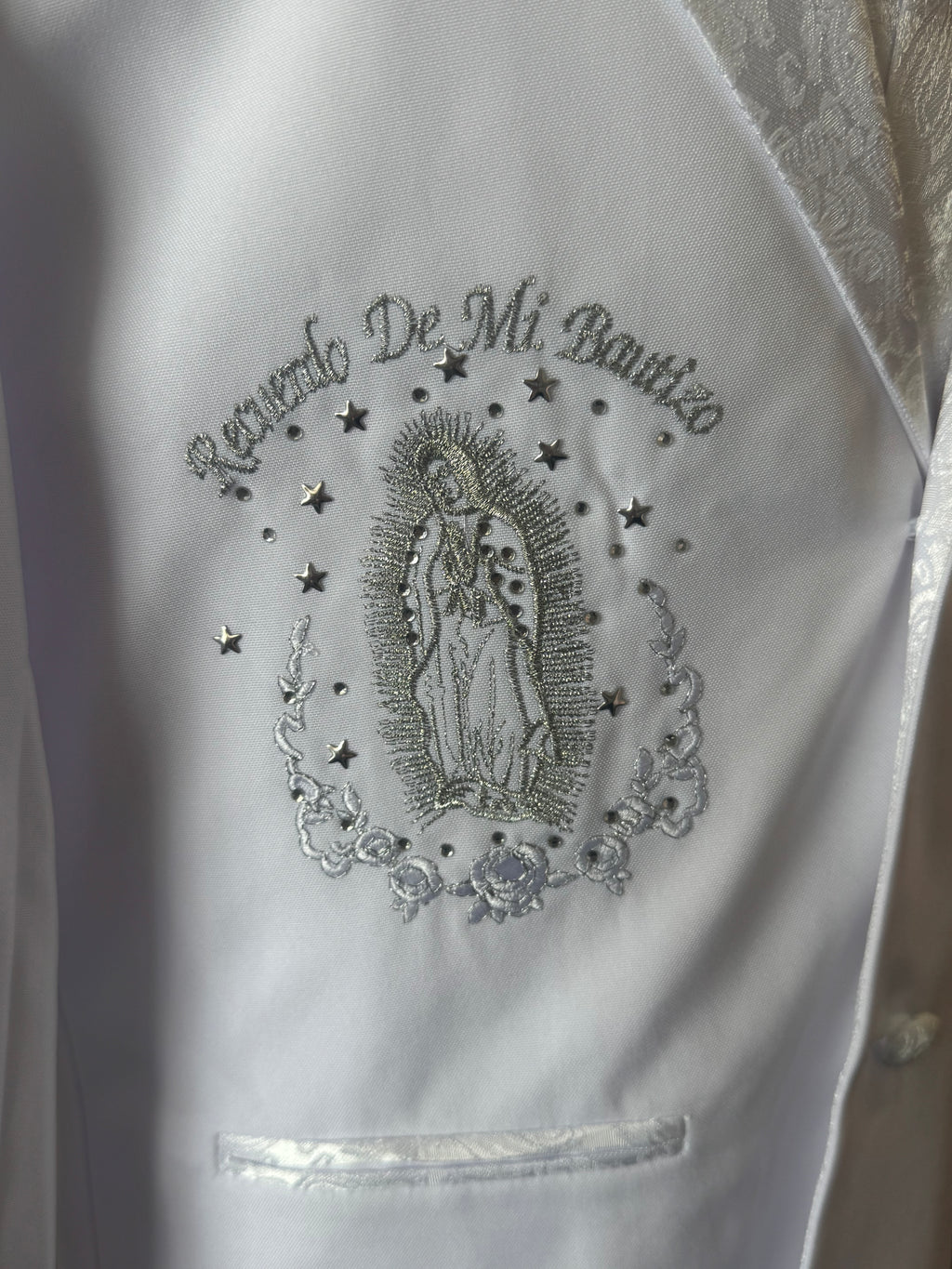 Virgin Mary embroidered boys baptism suit