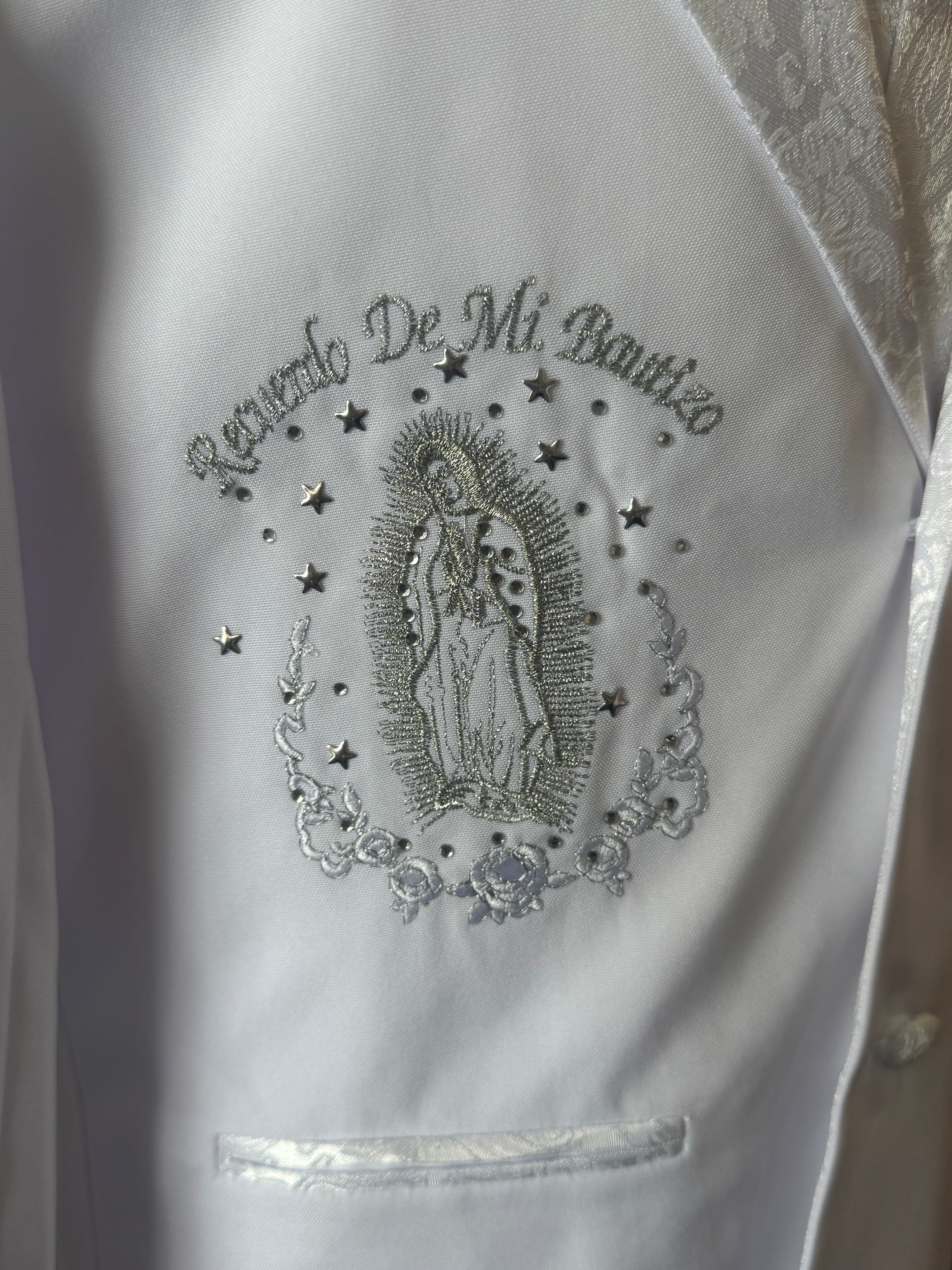Virgin Mary embroidered boys baptism suit