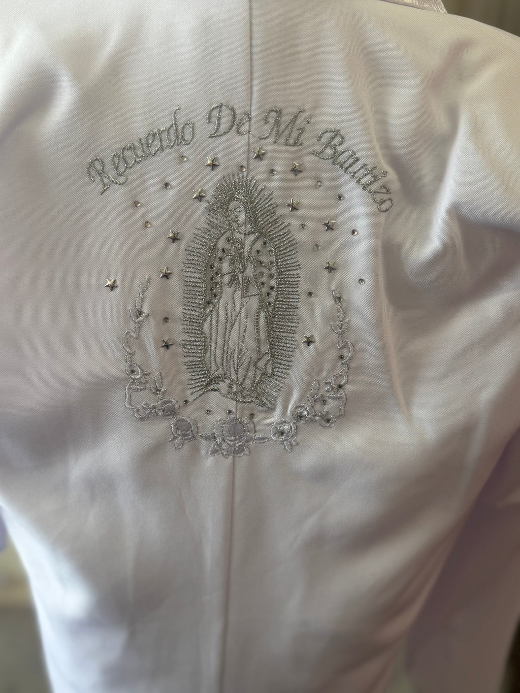 Virgin Mary embroidered boys baptism suit