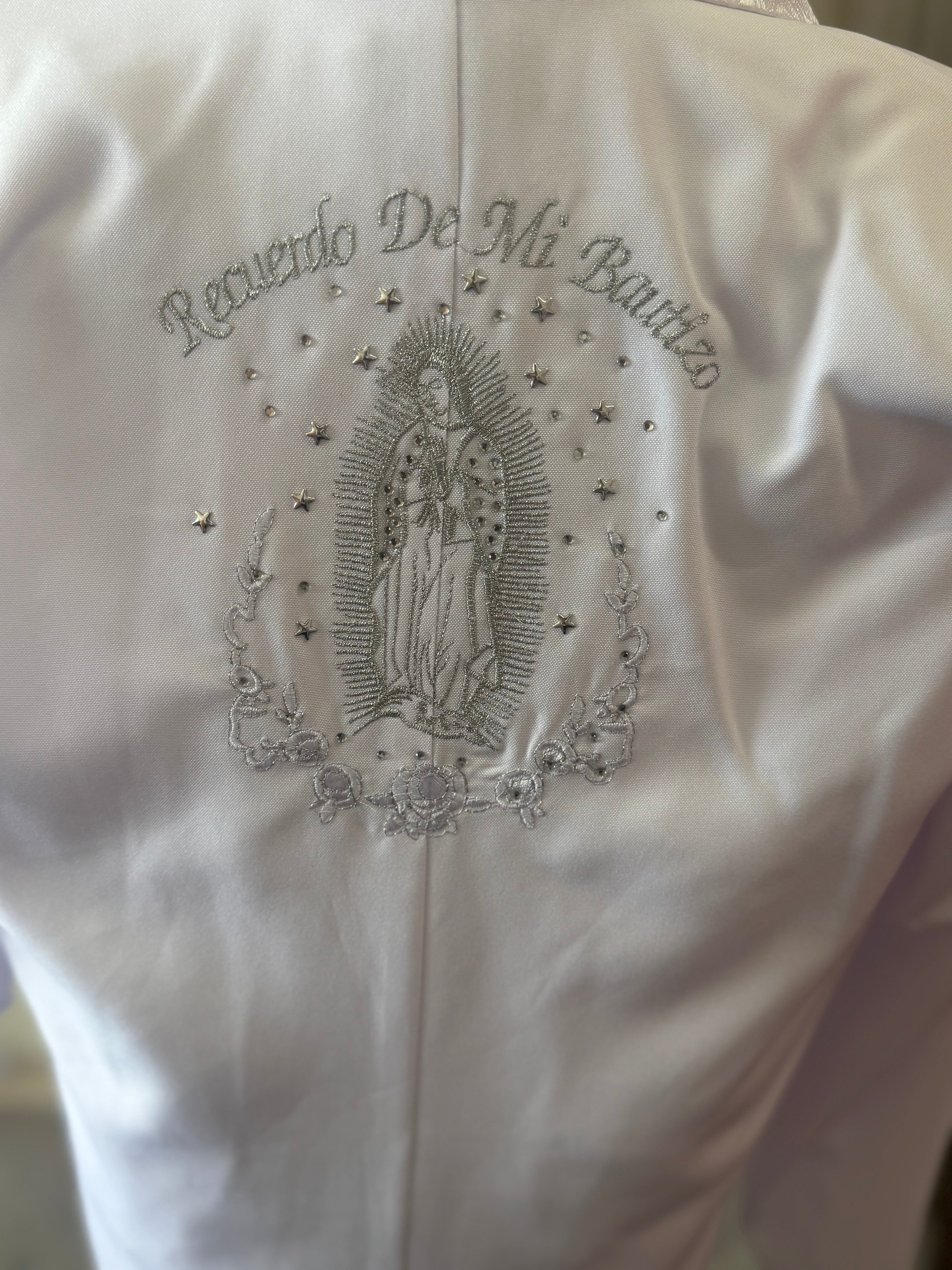 Virgin Mary embroidered boys baptism suit