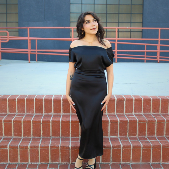 Classic black satin midi dress
