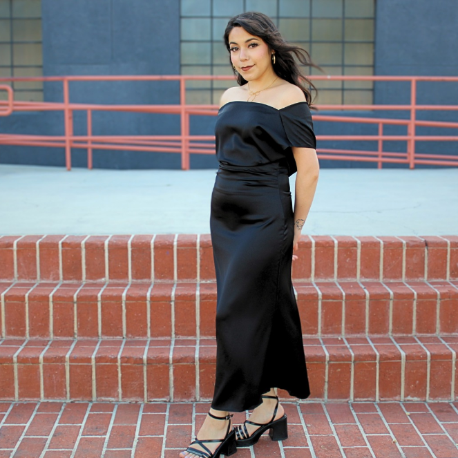 Classic black satin midi dress