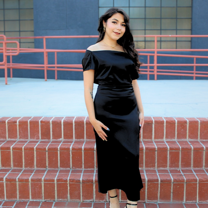 Classic black satin midi dress